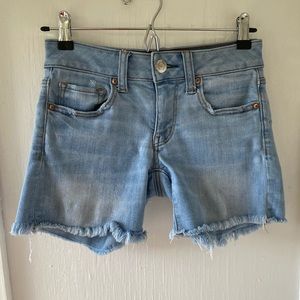 American Eagle Outfitters AEO Midi Distressed Super Super Stretch Denim Shorts
